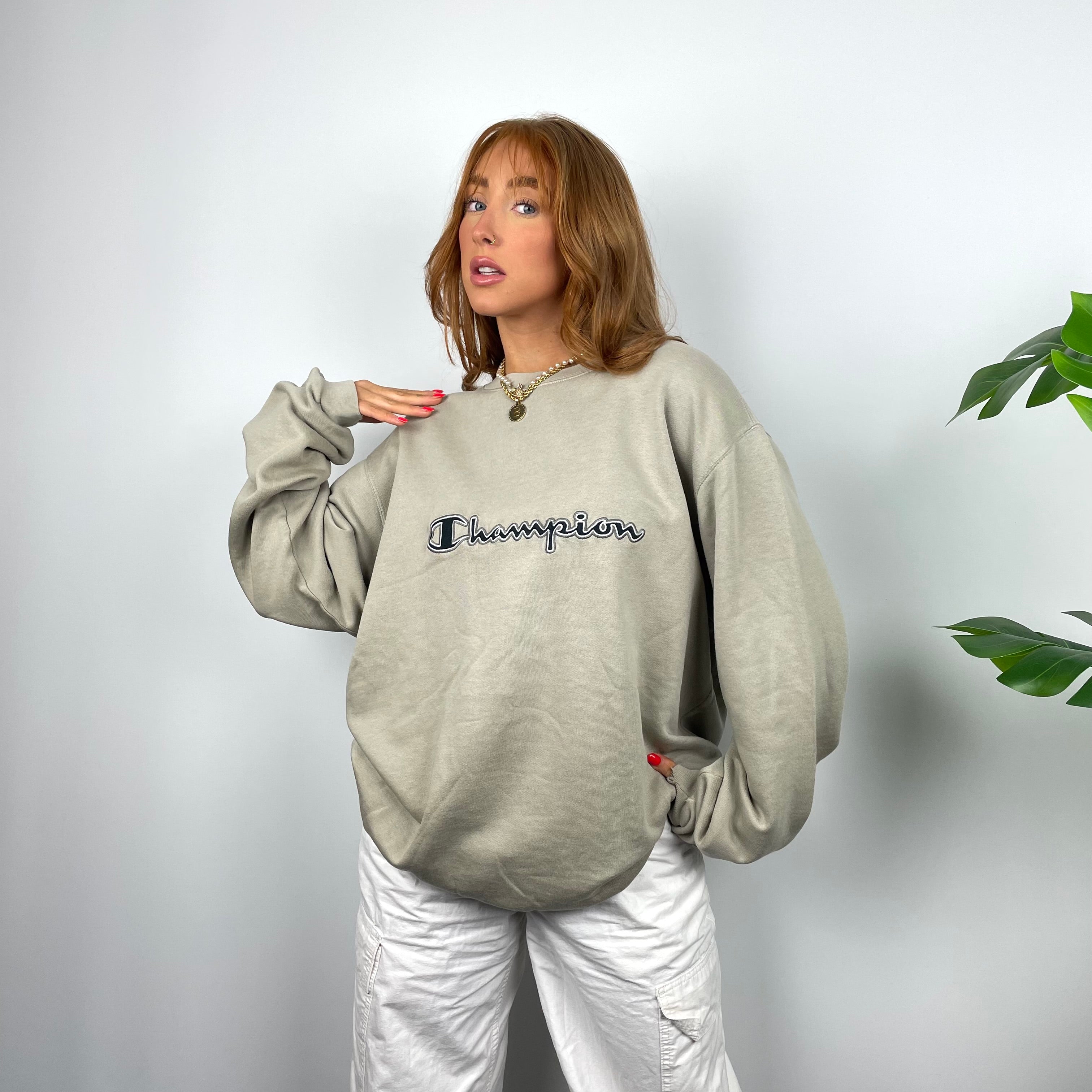 Champion RARE Beige Embroidered Spell Out Sweatshirt (XXL)