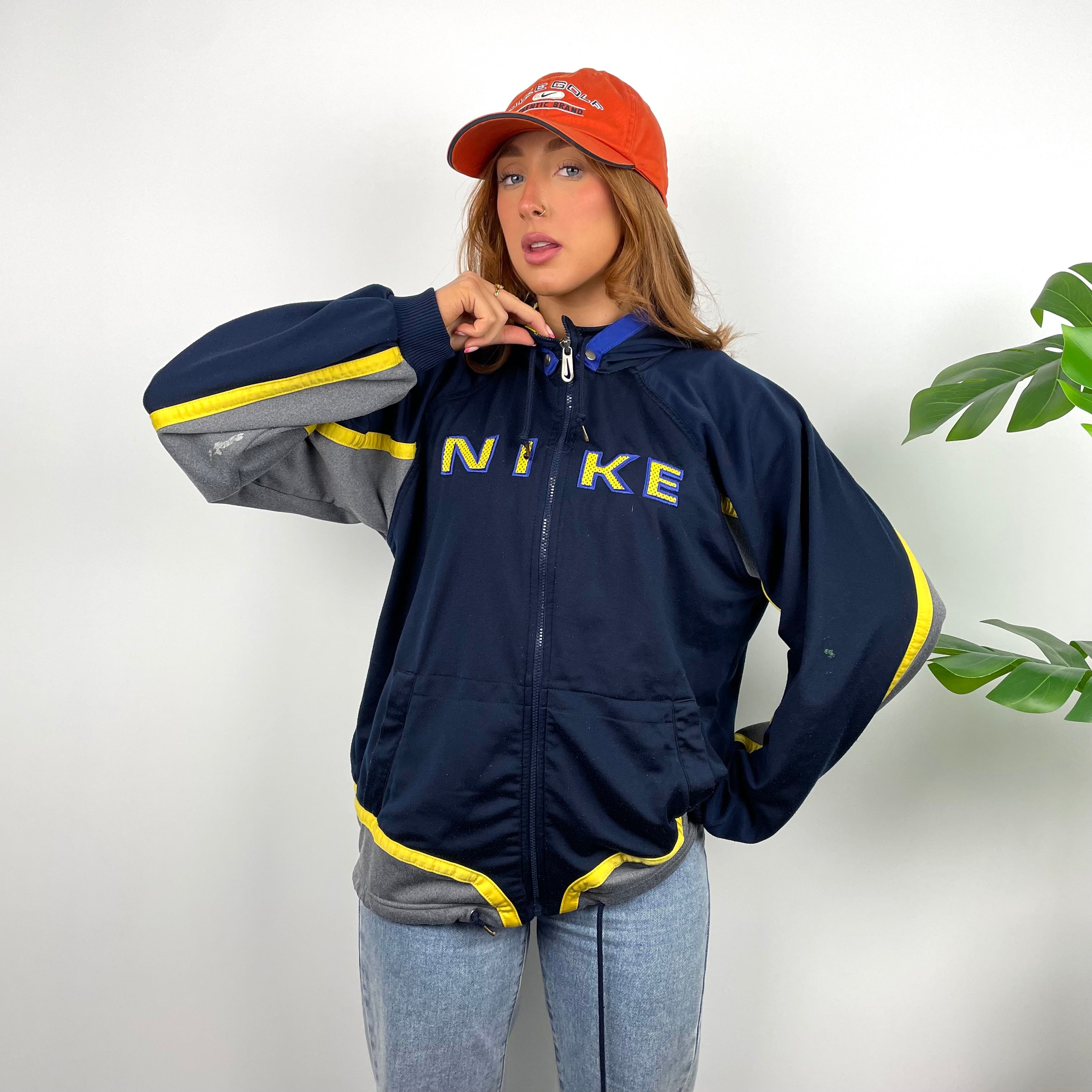 Nike RARE Navy Embroidered Spell Out Zip Up Hoodie Jacket (XL)