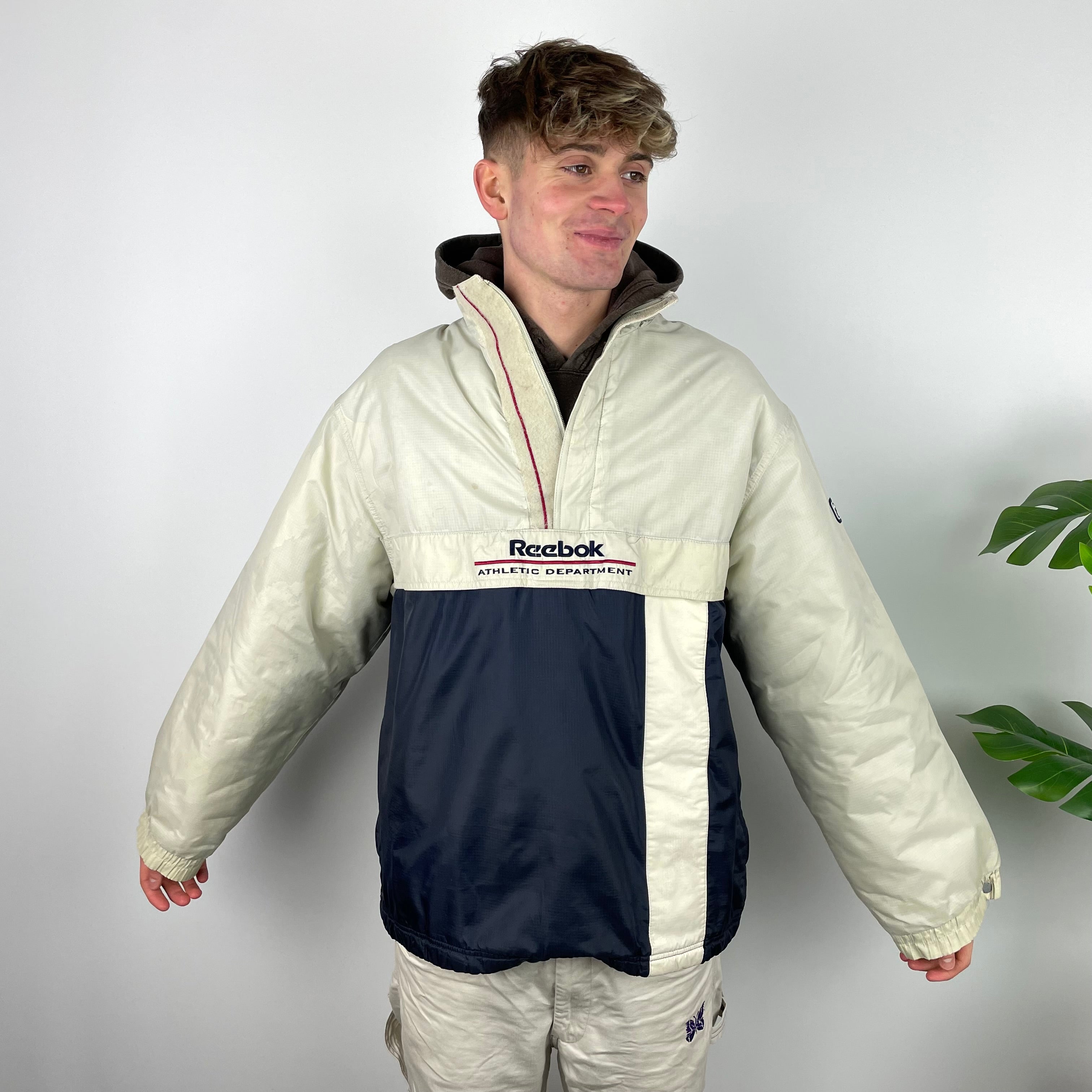 Reebok RARE Cream and Navy Embroidered Spell Out Padded Jacket (L)