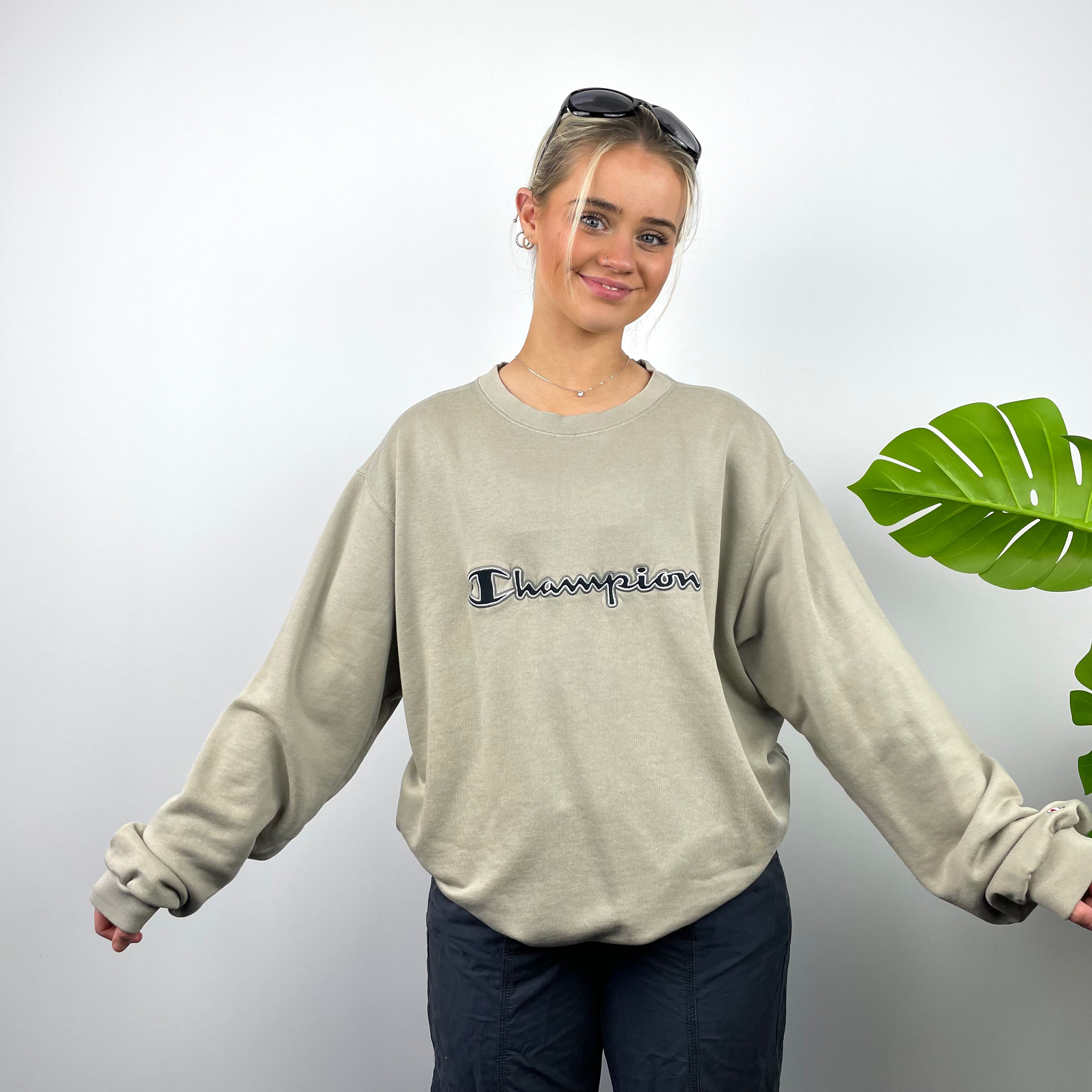 Champion Tan Beige Embroidered Spell Out Sweatshirt (XXL)