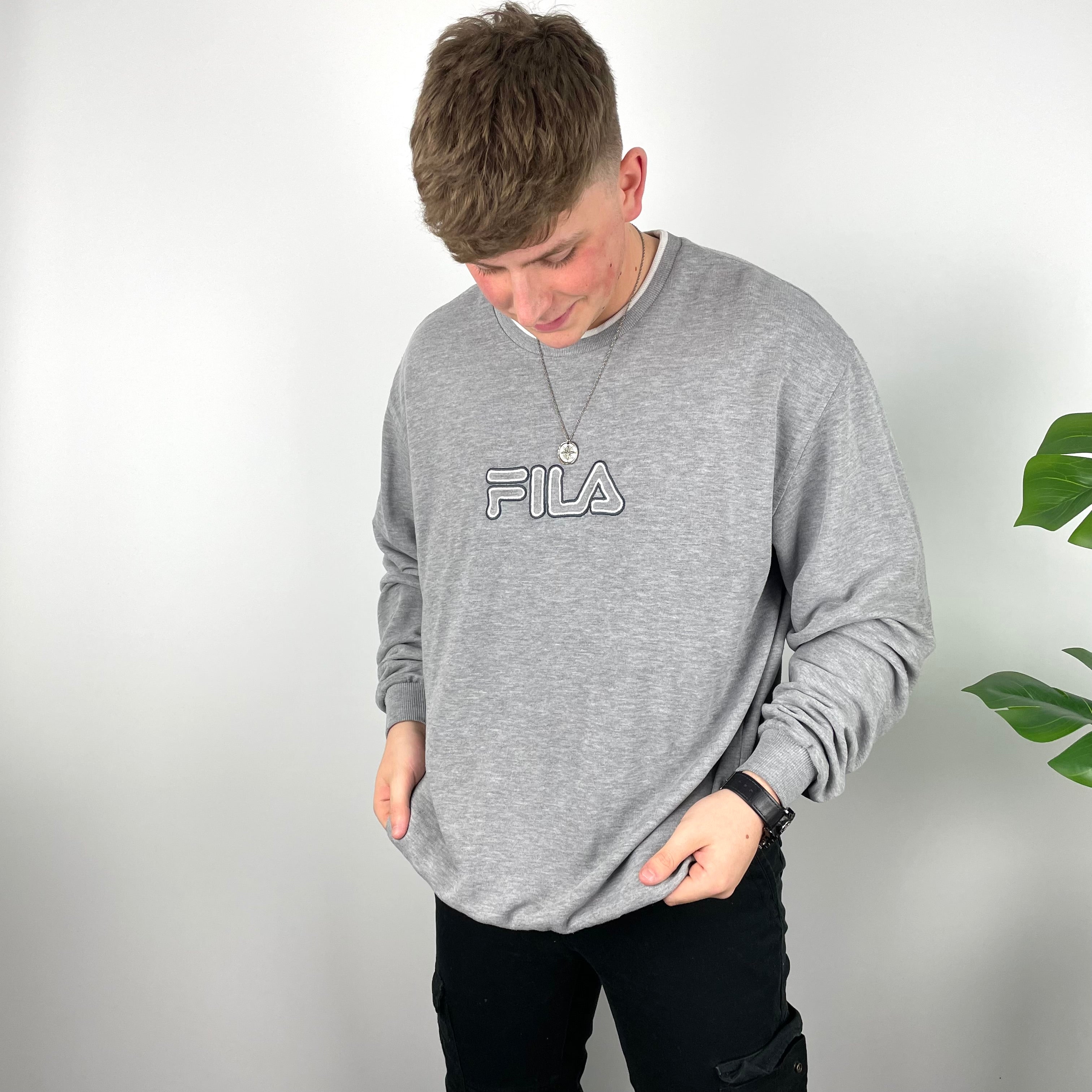 FILA RARE Grey Embroidered Spell Out Sweatshirt (XXL)