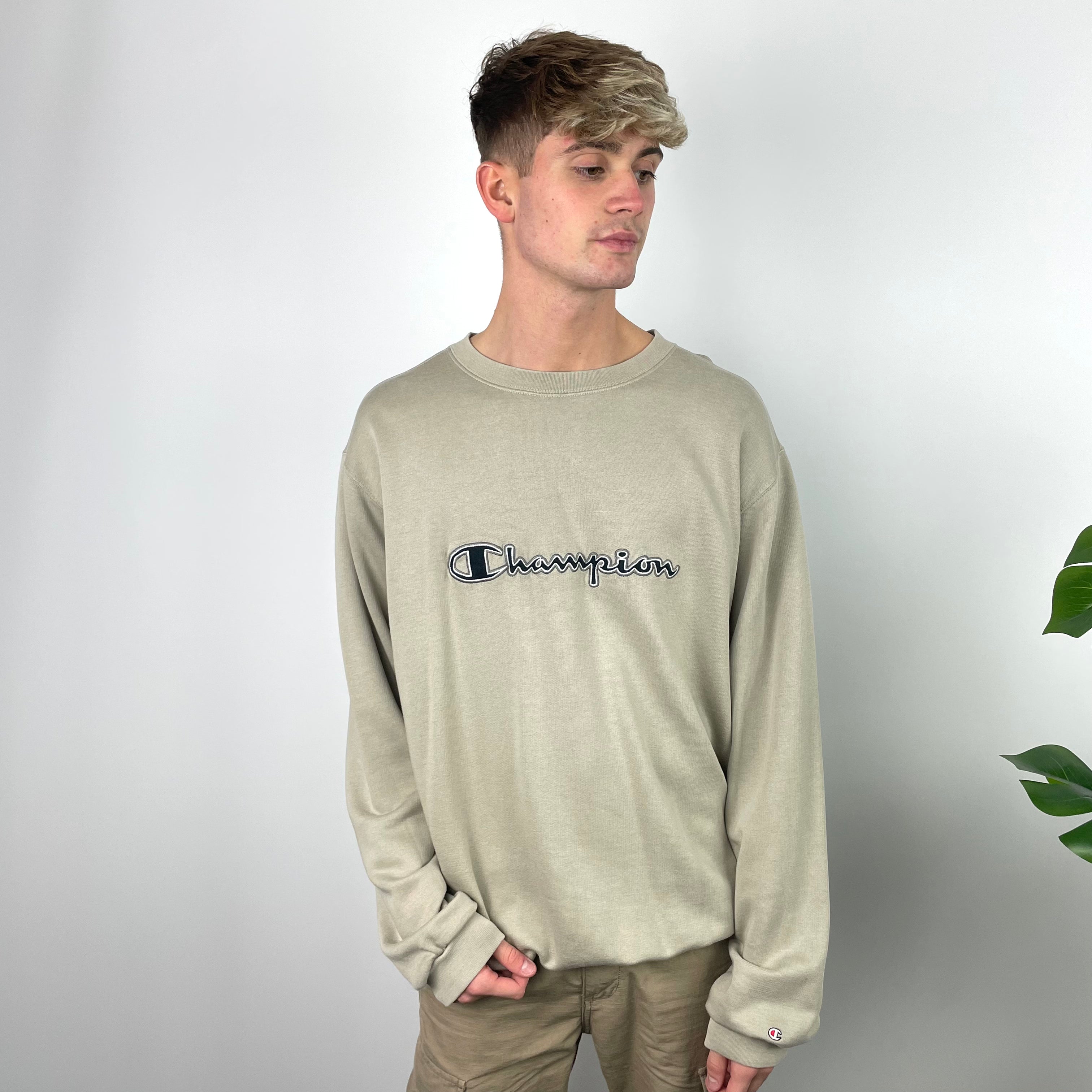 Champion Tan Beige Embroidered Spell Out Sweatshirt (XXL)