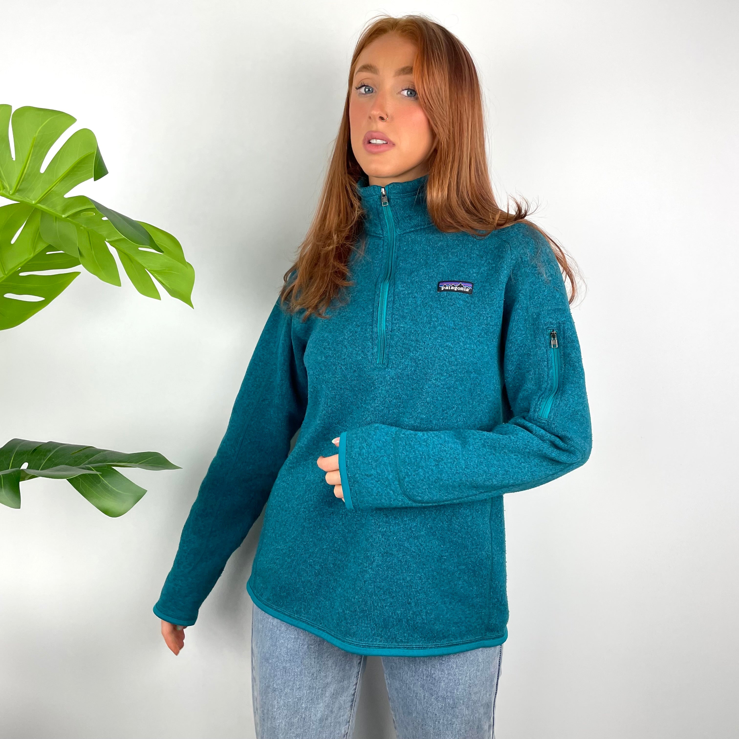 Patagonia RARE Turquoise Blue Embroidered Spell Out Quarter Zip Sweatshirt (L)