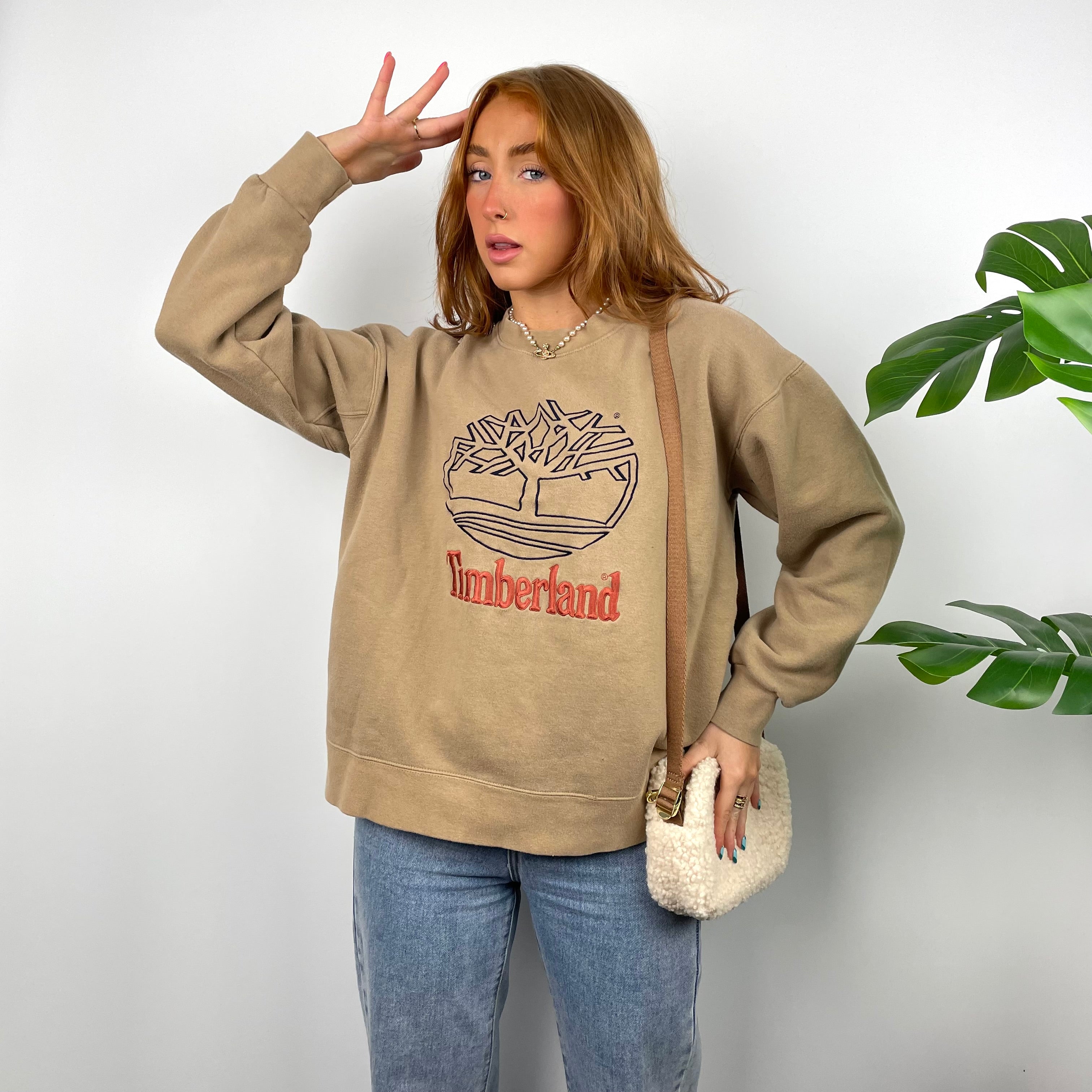 Timberland RARE Tan Brown Embroidered Spell Out Sweatshirt (S)