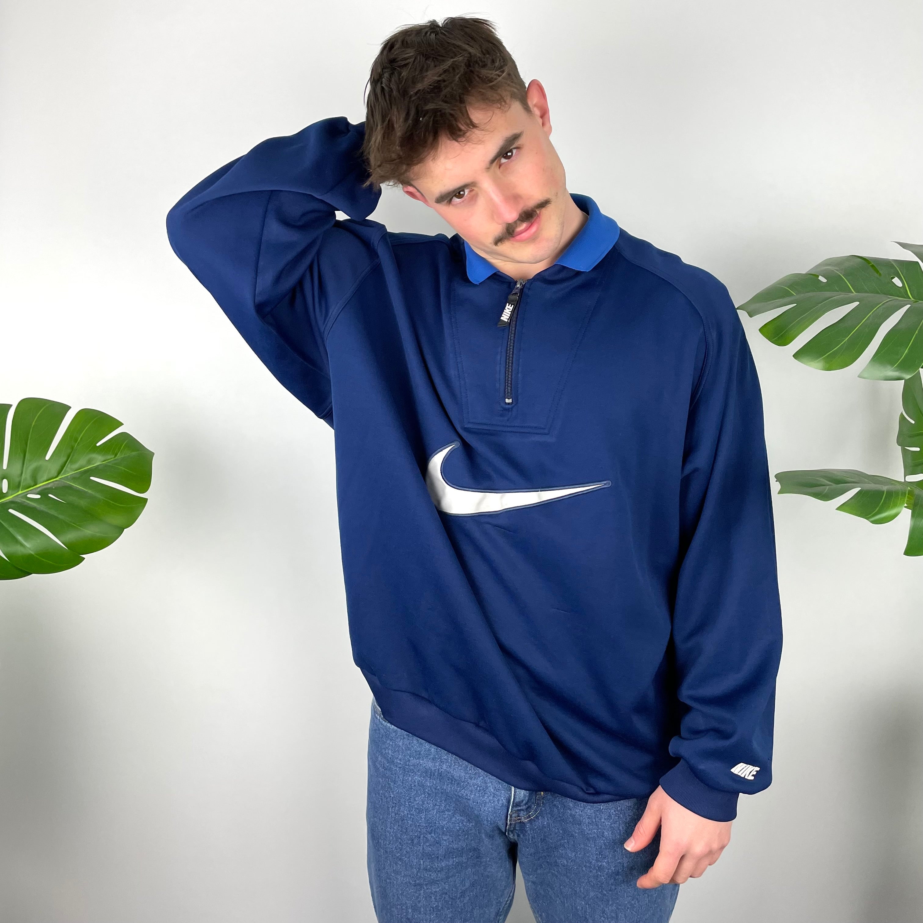 Nike RARE Navy Embroidered Spell Out Quarter Zip Sweatshirt (XXL)