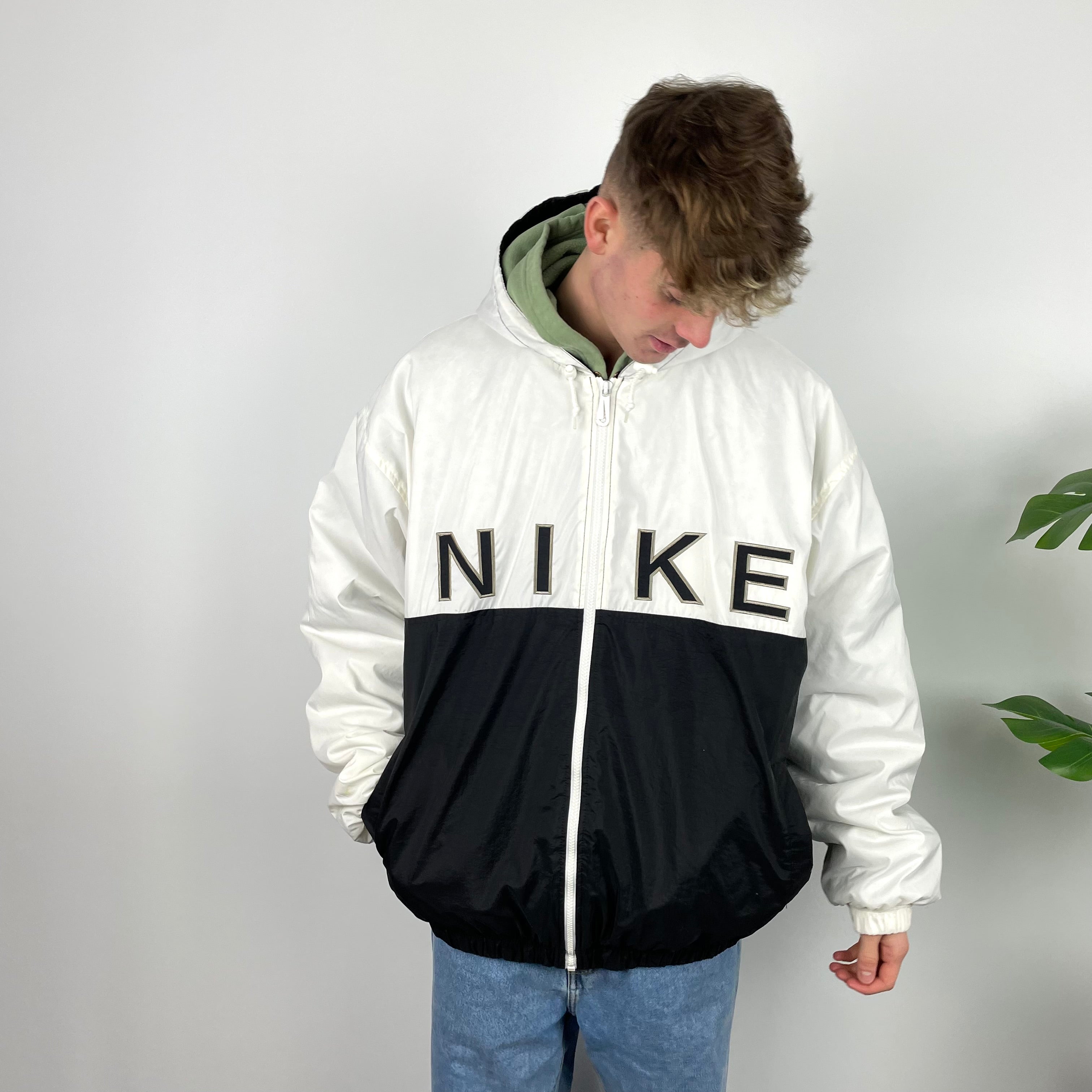 Nike RARE Black and White Embroidered Spell Out Padded Jacket (XXL)
