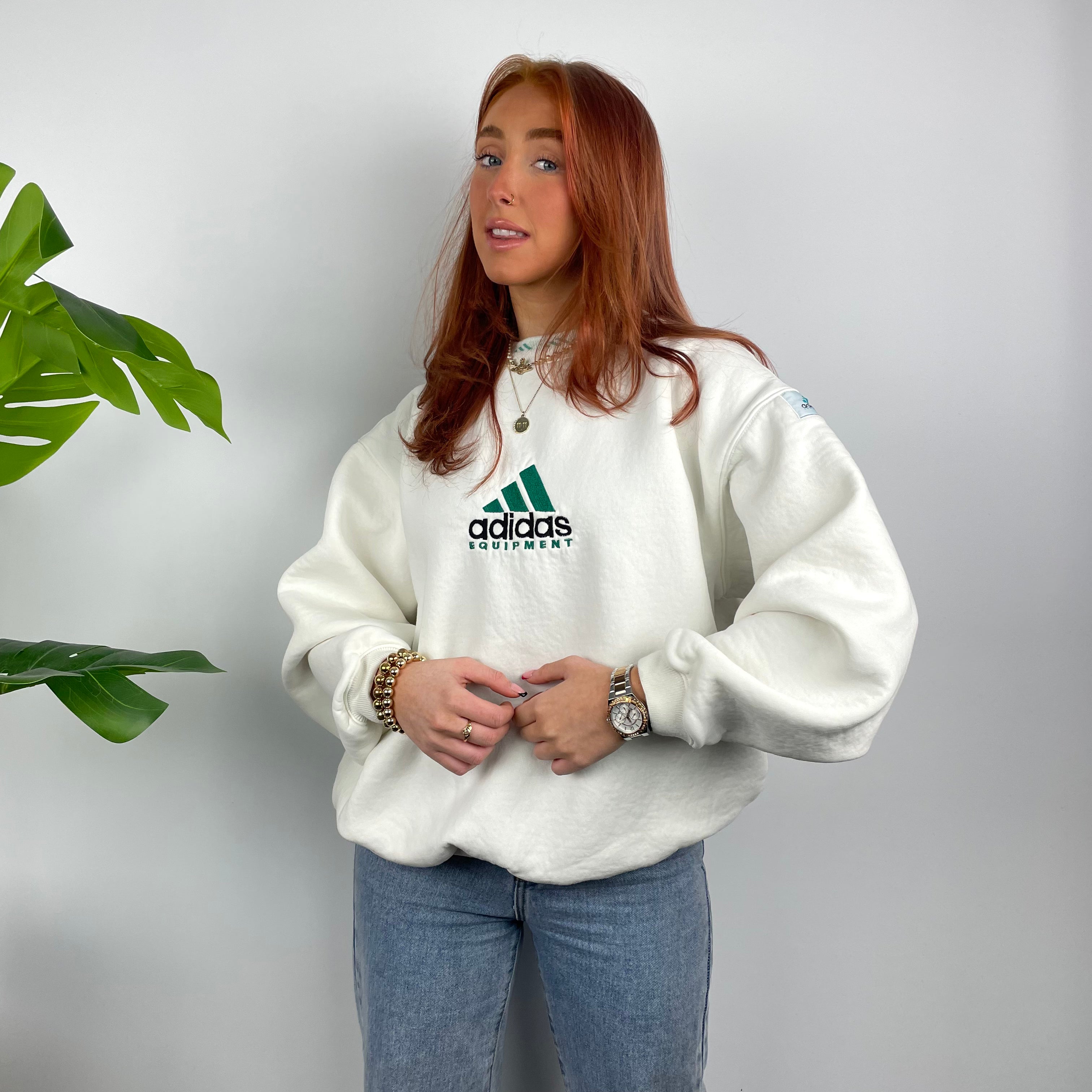 Adidas Equipment RARE White Embroidered Spell Out Sweatshirt as worn by Annalivia Hynds (S)