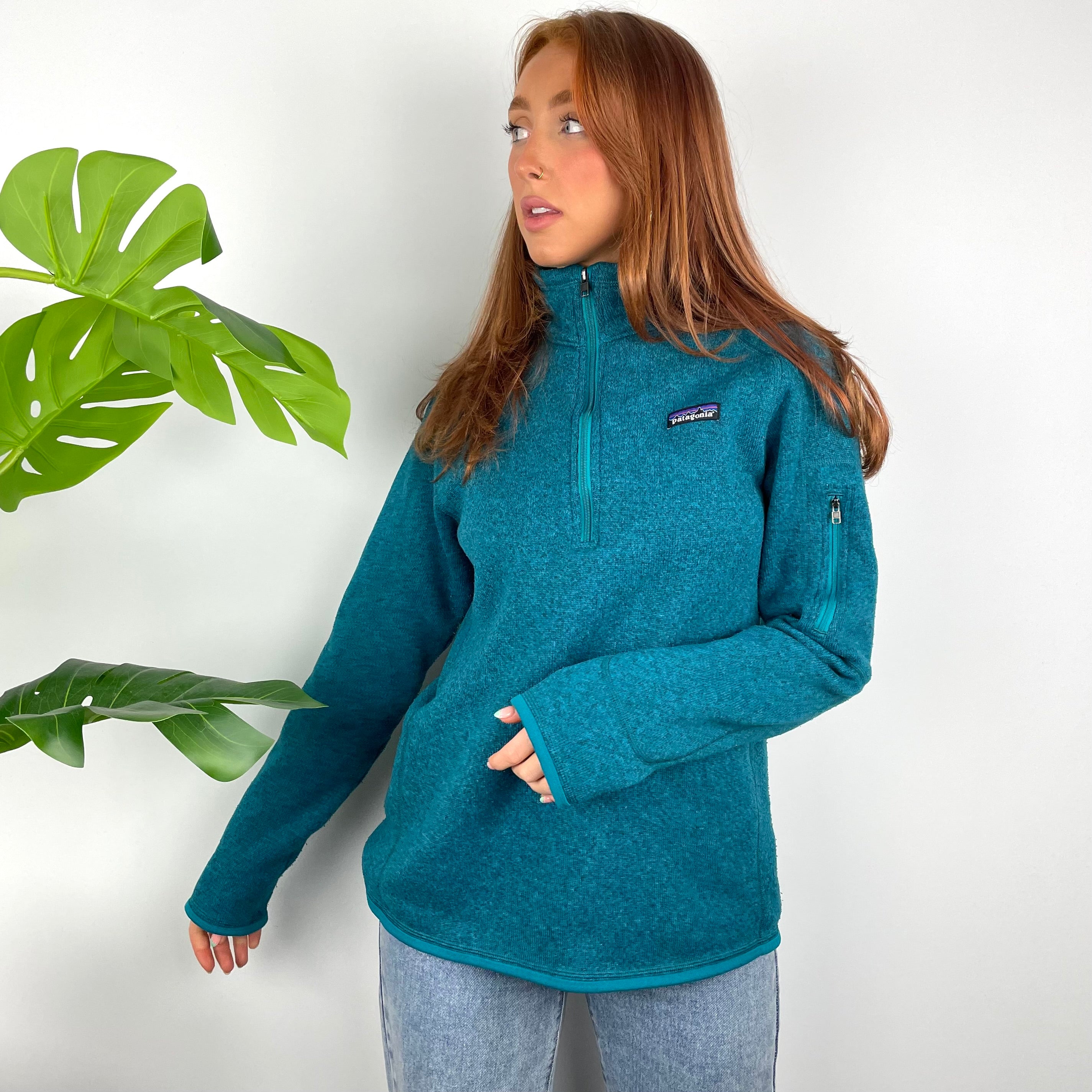 Patagonia RARE Turquoise Blue Embroidered Spell Out Quarter Zip Sweatshirt (L)