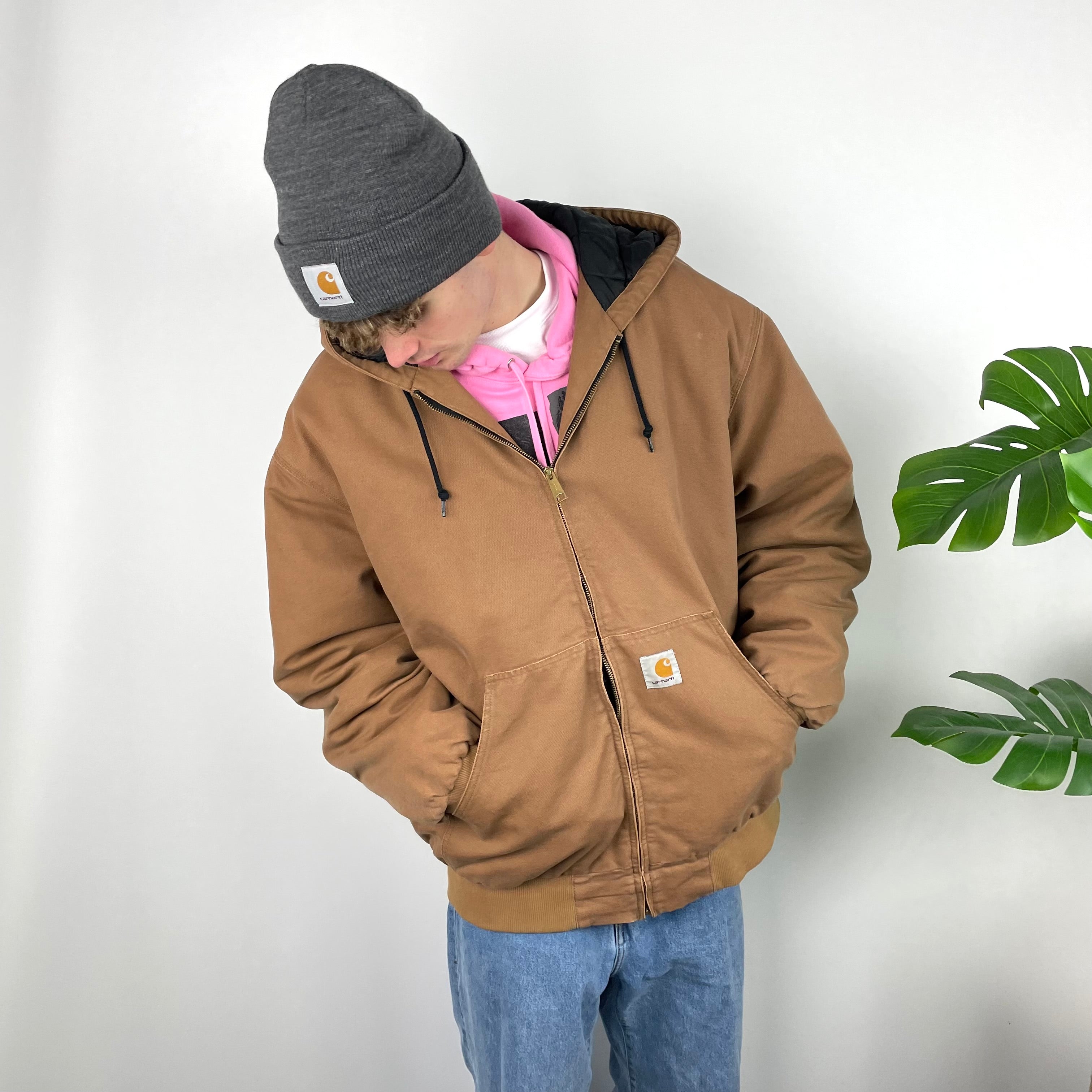 Carhartt RARE Tan Brown Embroidered Logo Zip Up Workwear Jacket (XXL)