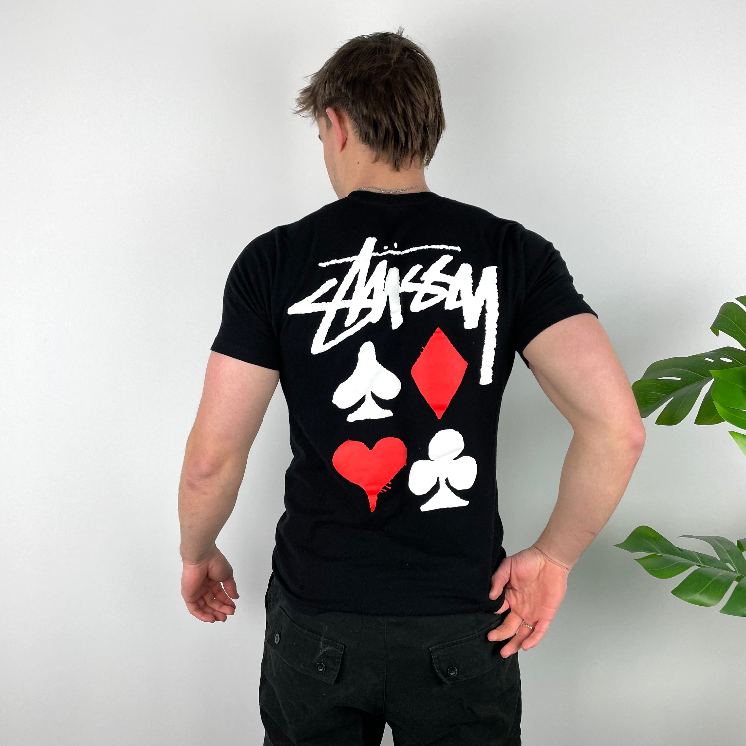 Stussy Deck of Card RARE Black Spell Out T Shirt (S)