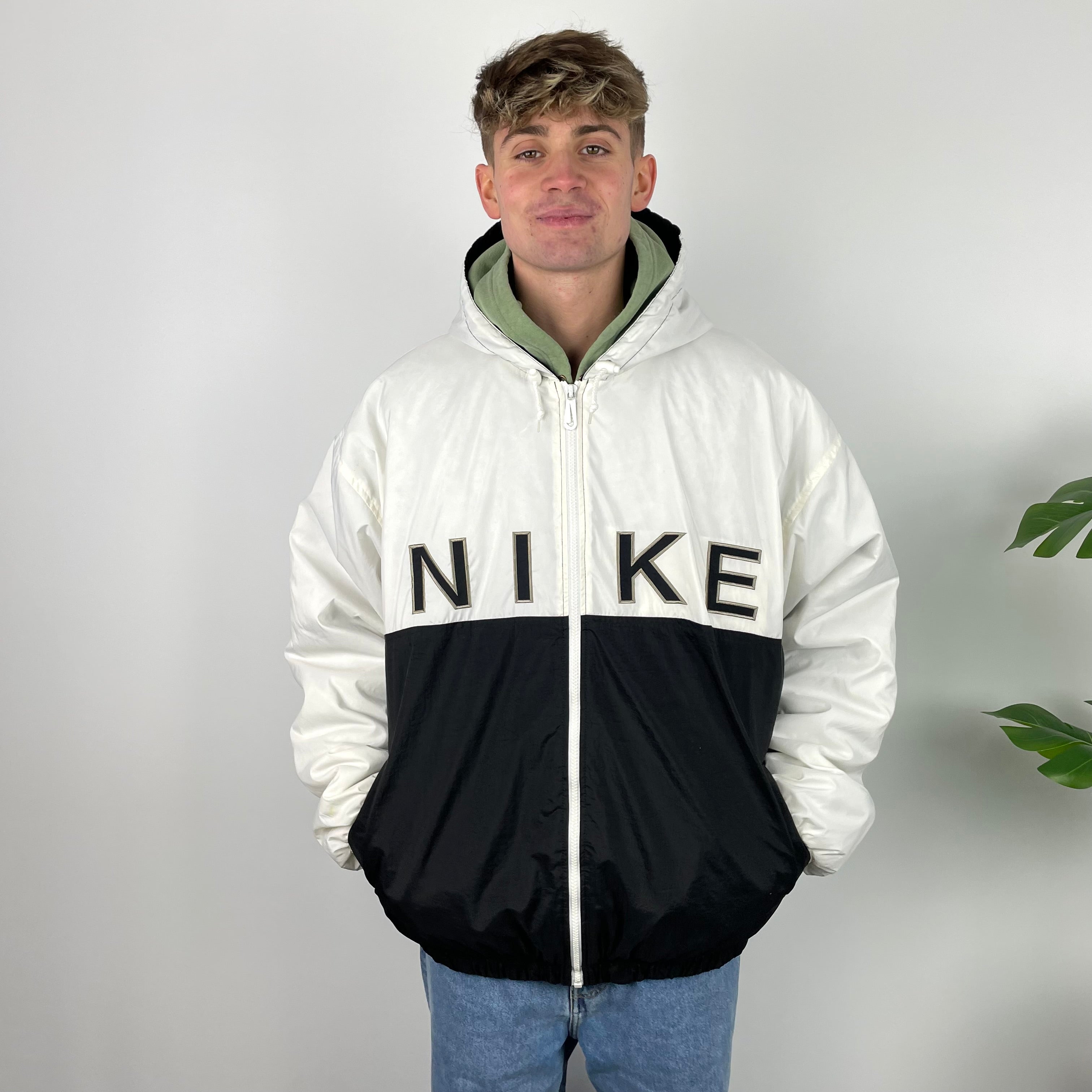 Nike RARE Black and White Embroidered Spell Out Padded Jacket (XXL)