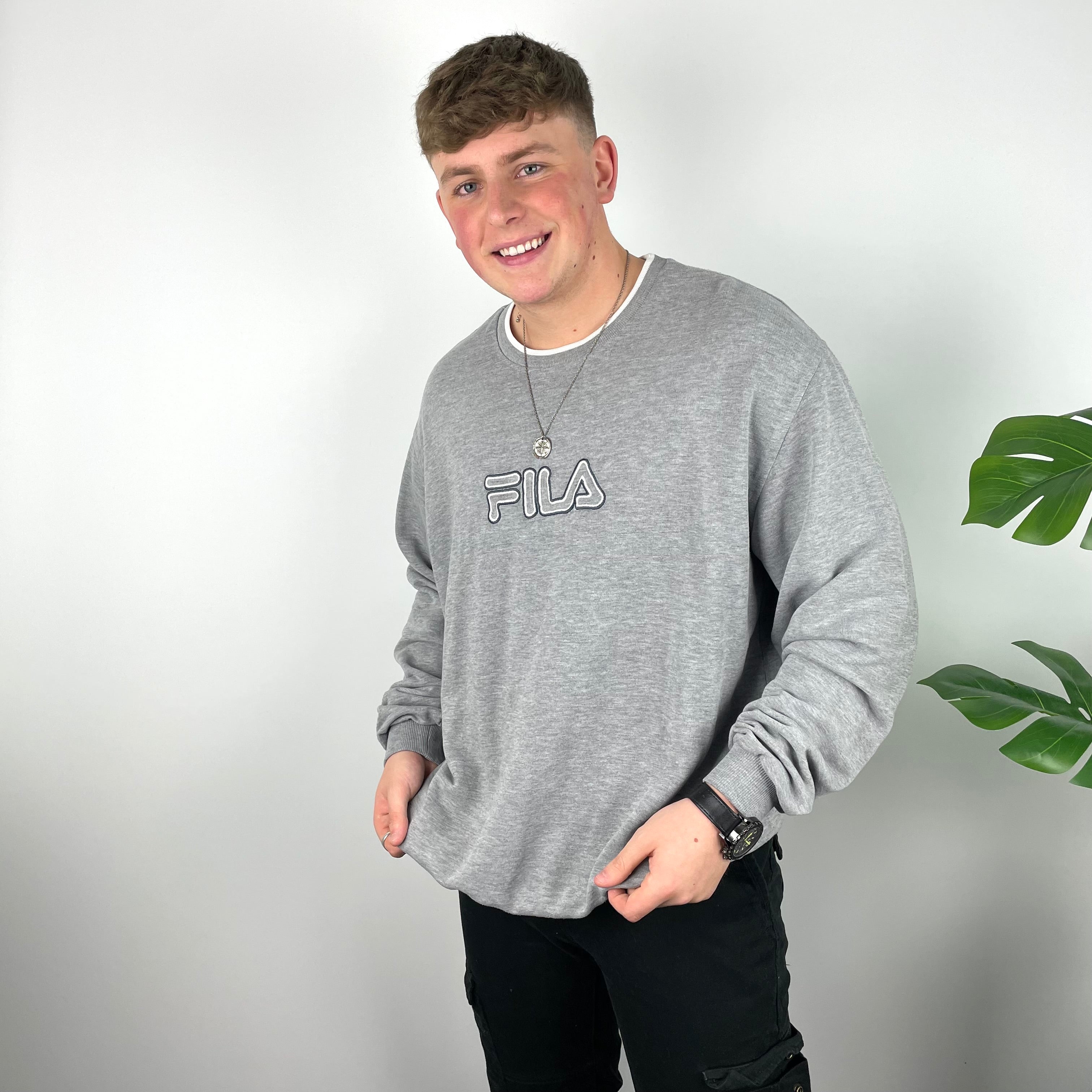 FILA RARE Grey Embroidered Spell Out Sweatshirt (XXL)