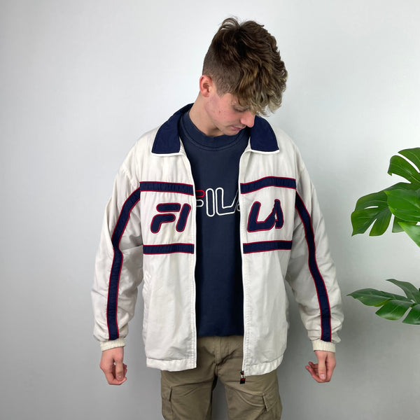 FILA RARE White Embroidered Spell Out Zip Up Jacket (M)