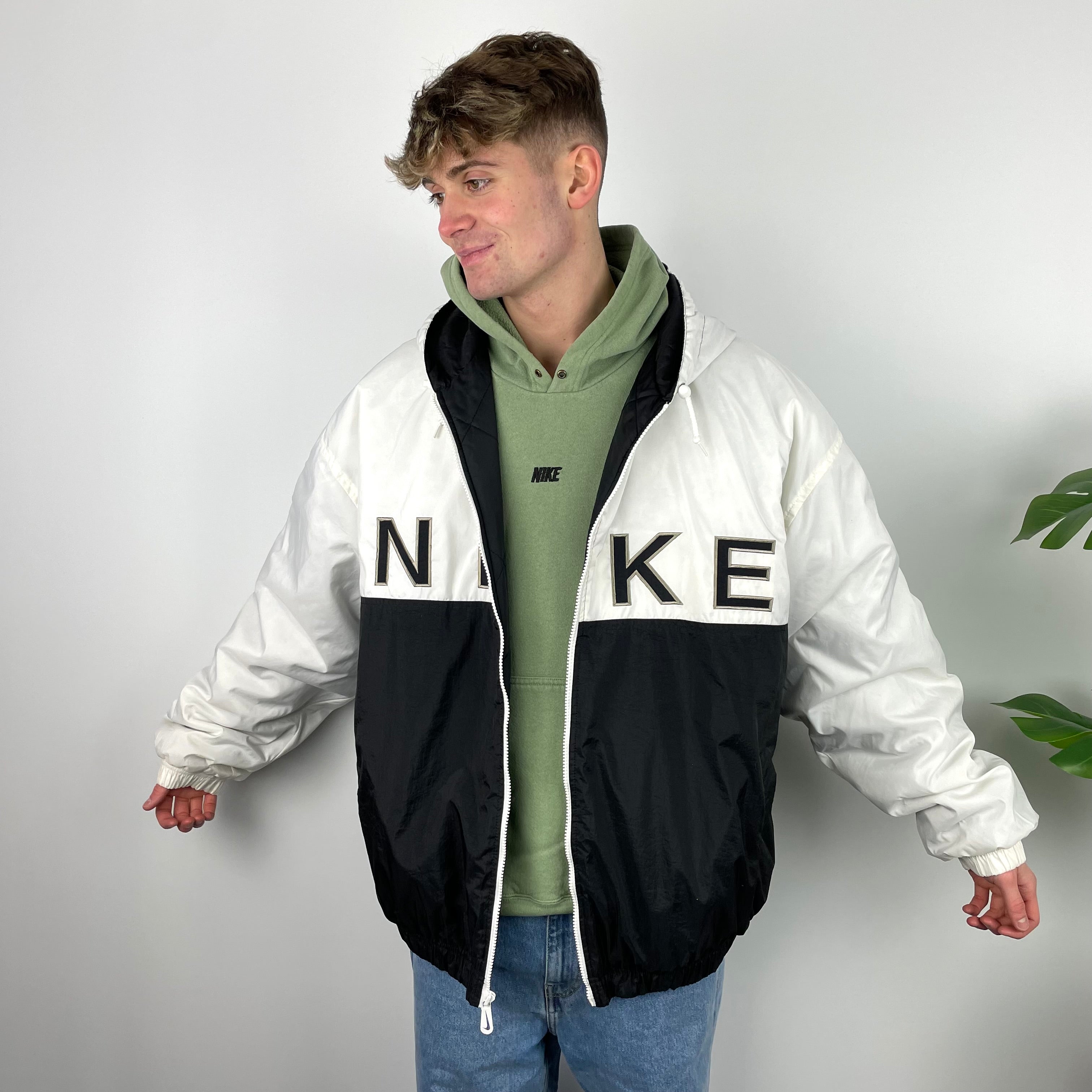 Nike RARE Black and White Embroidered Spell Out Padded Jacket (XXL)